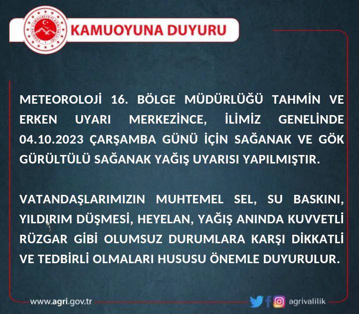 Ağrı Valiliği kuvvetli yağış uyarısı yaptı