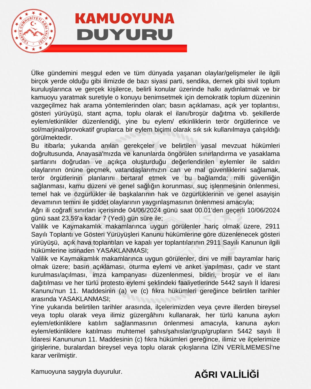 Ağrı’da gösteri yürüyüşleri ve toplantılar 7 gün süreyle yasaklandı