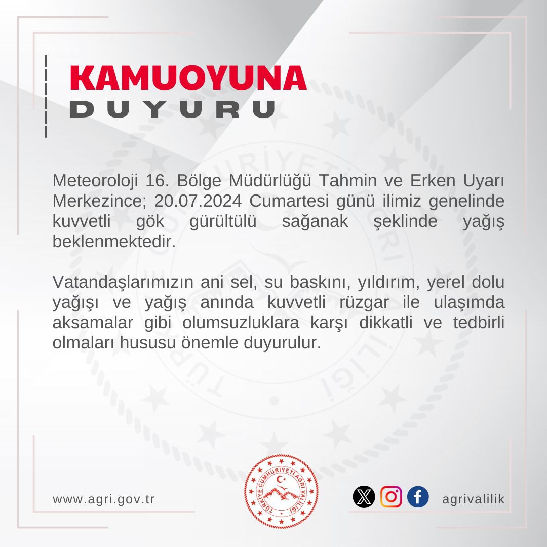 Ağrı Valiliği'nden sağanak yağış uyarısı