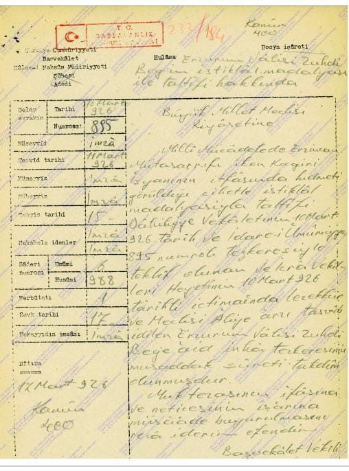 Erzurum Valisine İstiklal Madalyası