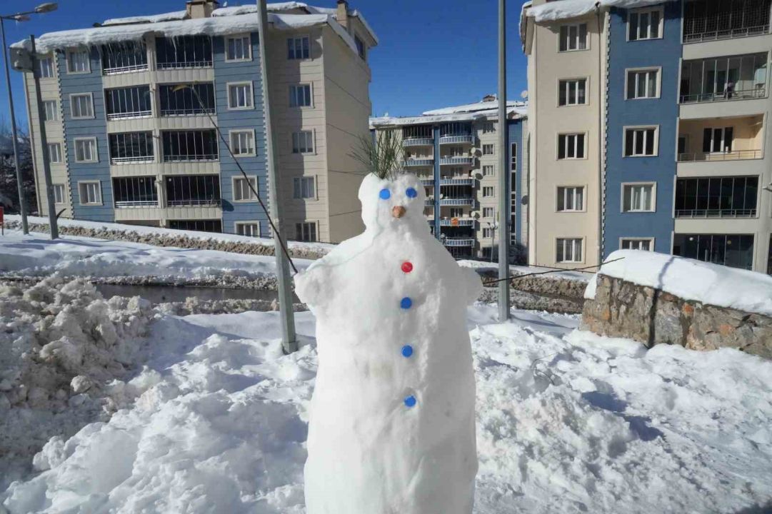 Muş’ta karı eğlenceye dönüştüren berberler, kardan adamı tıraş etti