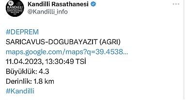 Ağrı'da 4.3 büyüklüğünde deprem