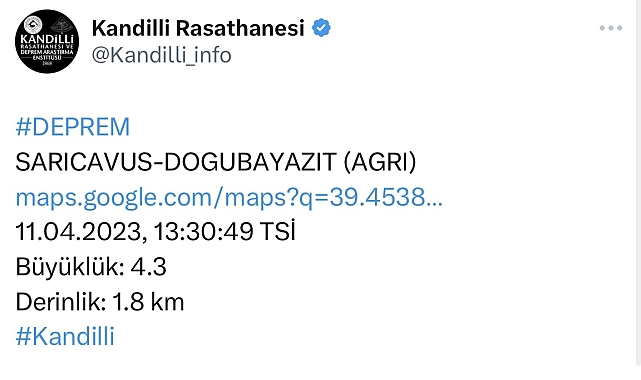Ağrı'da 4.3 büyüklüğünde deprem