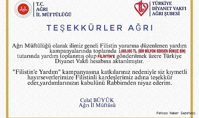 Ağrı'dan Filistin'e "Bir Milyon Seksen Dokuz Bin TL" Yardım