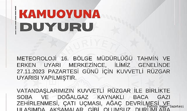 Ağrı Valiliğinden Kuvvetli Rüzgar Uyarısı