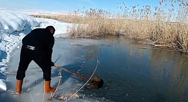 Ağrı'nın dondurucu soğuğunda küreklerle buzu kırıp balık avlıyorlar (Videolu Haber)