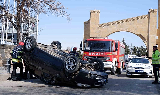 Erzurum'da araç takla attı