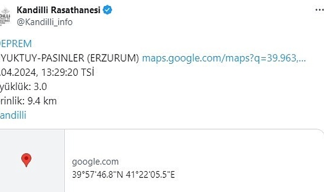 Erzurum'un Pasinler ilçesinde 3,0 büyüklüğünde deprem