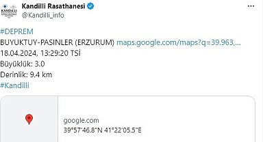 Erzurum'un Pasinler ilçesinde 3,0 büyüklüğünde deprem