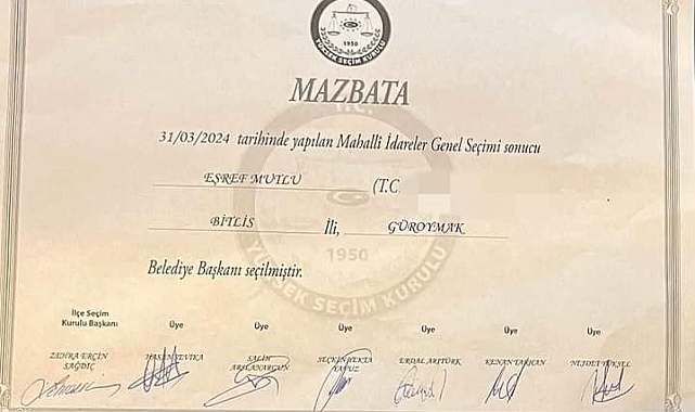 Güroymak Belediye Başkanı seçilen Eşref Mutlu mazbatasını aldı