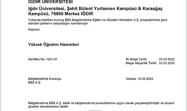 Iğdır Üniversitesinin Kalite Yönetim Sistemi bir kez daha tescillendi