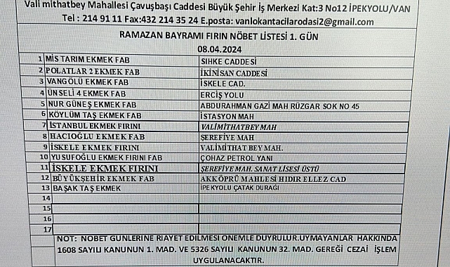 Van'da Ramazan Bayramı'nda hizmet verecek fırınlar belli oldu