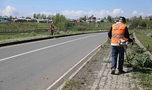 Kars'ta kaldırımlar yabani otlardan temizleniyor
