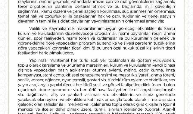 Iğdır'da gösteri yürüyüşü ve açık hava toplantı yasağı