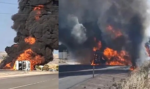 Akaryakıt yüklü tanker alev alev yandı! Korkutan yangın büyüyüp tarlaya sıçradı! Bir evin camı kırıldı! İtfaiye ekipleri müdahale etti!