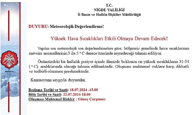 Niğde Valiliği’nden yüksek sıcaklık uyarısı