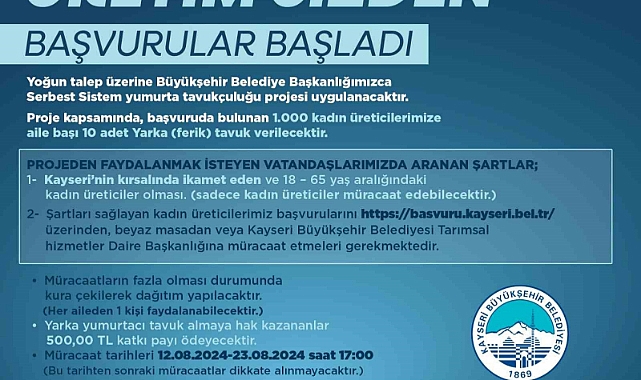 Büyükşehir’in Serbest Sistem Yumurta Tavukçuluğu Projesi’ne müracaatlar başladı