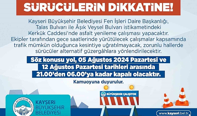 Kerkük caddesinde asfalt yenileme çalışması yapılacak