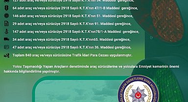 O İlde Temmuz ayı içinde 840 araca para cezası verildi
