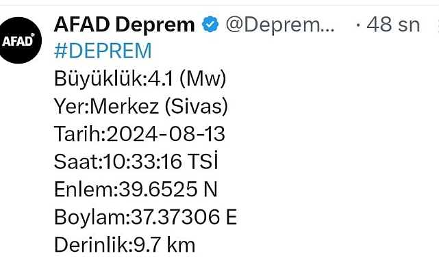 Sivas’ta 4.1 büyüklüğünde deprem