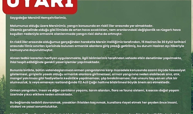 Vali Pehlivan, vatandaşları orman yangınlarına karşı duyarlı olmaya çağırdı