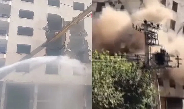 Ağır hasarlı 7 katlı bina yıkım sırasında çöktü