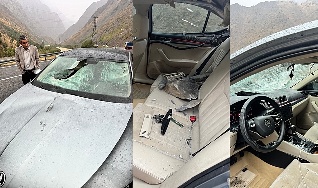 Van-Hakkari karayolunda otomobilin üzerine kaya parçası düştü