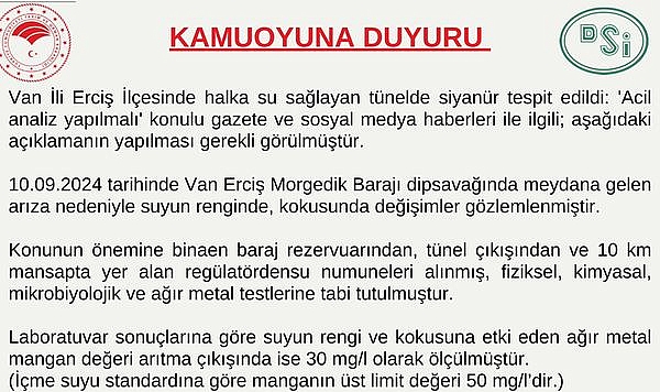 Erciş Kaymakamlığı'ndan Morgedik Barajı içme suyuna ilişkin açıklama