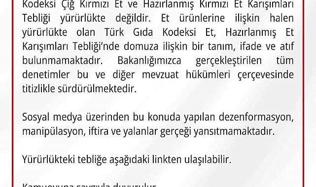 Gıda ve Kontrol Genel Müdürlüğü domuz etinin kasaplık etler sınıfına alındığı yönündeki iddiaları yalanladı