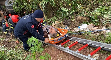 Kamyon ağaçlık alana uçtu: Sıkışan sürücü ağır yaralandı