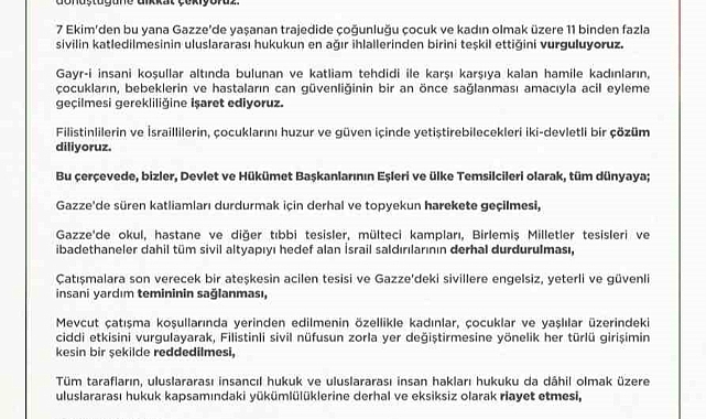 Emine Erdoğan: "İsrail ateşiyle sınanan tüm mazlumların güvene ve hak ettikleri barışa ulaşmaları için kararlılıkla mücadeleye devam edeceğiz"