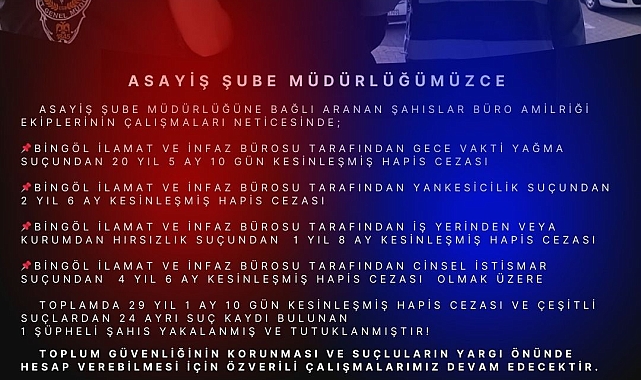 Bingöl'de 29 yıl kesinleşmiş hapis cezası bulunan şahıs yakalandı