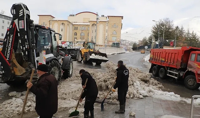 Hakkari'de karla mücadele ekipleri çalışmalarını sürdürüyor. Kamyonlara yükleyip şehir dışına çıkarıyorlar