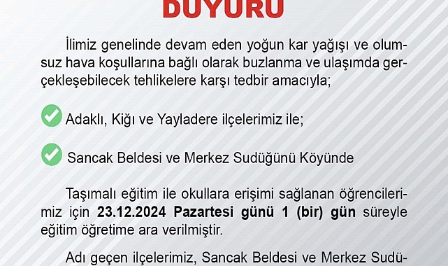 Yoğun karyağışı, üç ilçesinde taşımalı eğitime 1 gün ara verildi