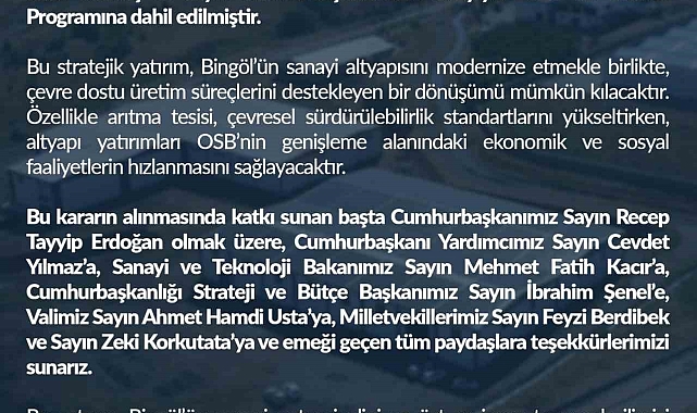 Bingöl OSB Genişleme ve Altyapı Projesine 849 milyon liralık yatırım onayı
