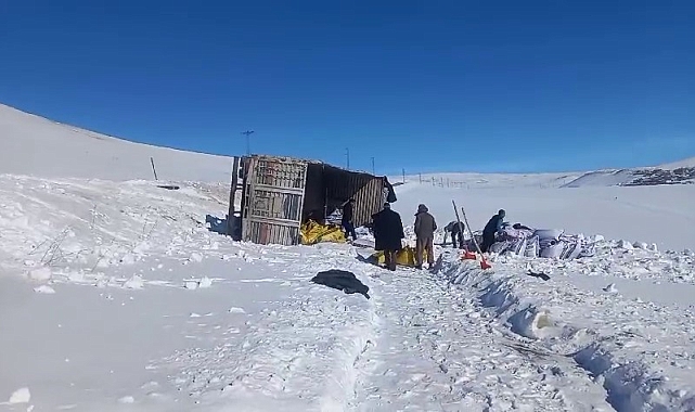 Erzurum'da karlı yolda yem yüklü kamyon devrildi