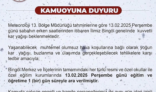 Bingöl'de yoğun kar yağışı, eğitime 1 gün ara verildi