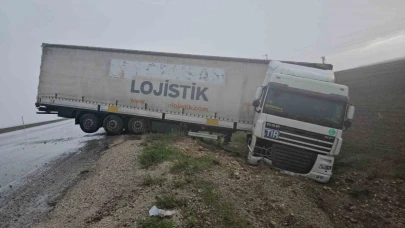 Kayganlaşan yolda tır şarampole düştü