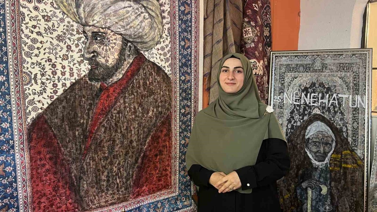 Halıların üzerine tarihi şahsiyetleri çiziyor