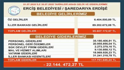 Erciş Belediyesi Temmuz Ayı Gelir Gider Tablosunu Açıkladı