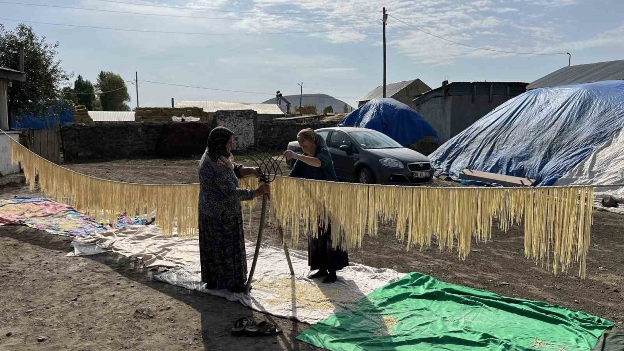 Köylü kadınlar imece usulü erişte kesiyor