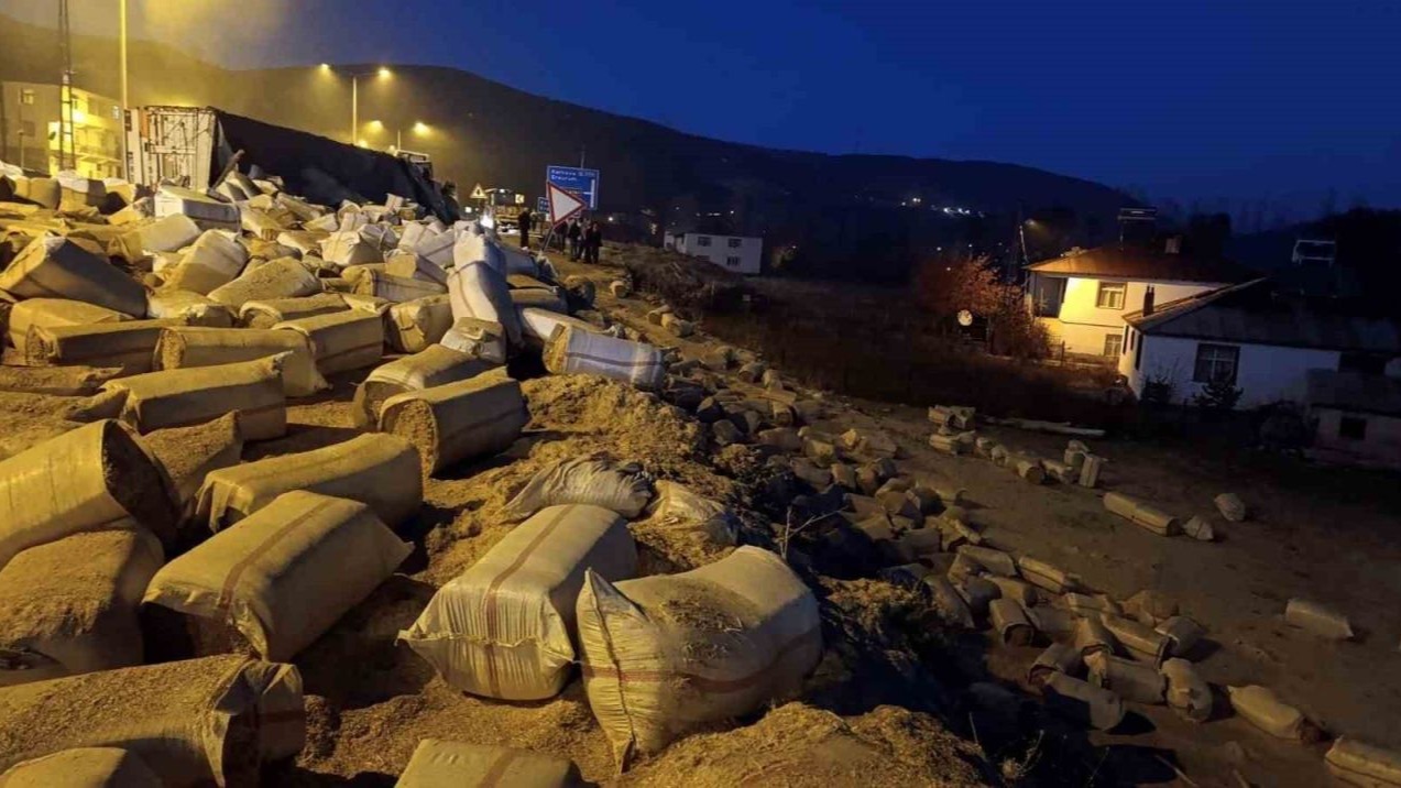 Bingöl’de saman yüklü kamyon devrildi