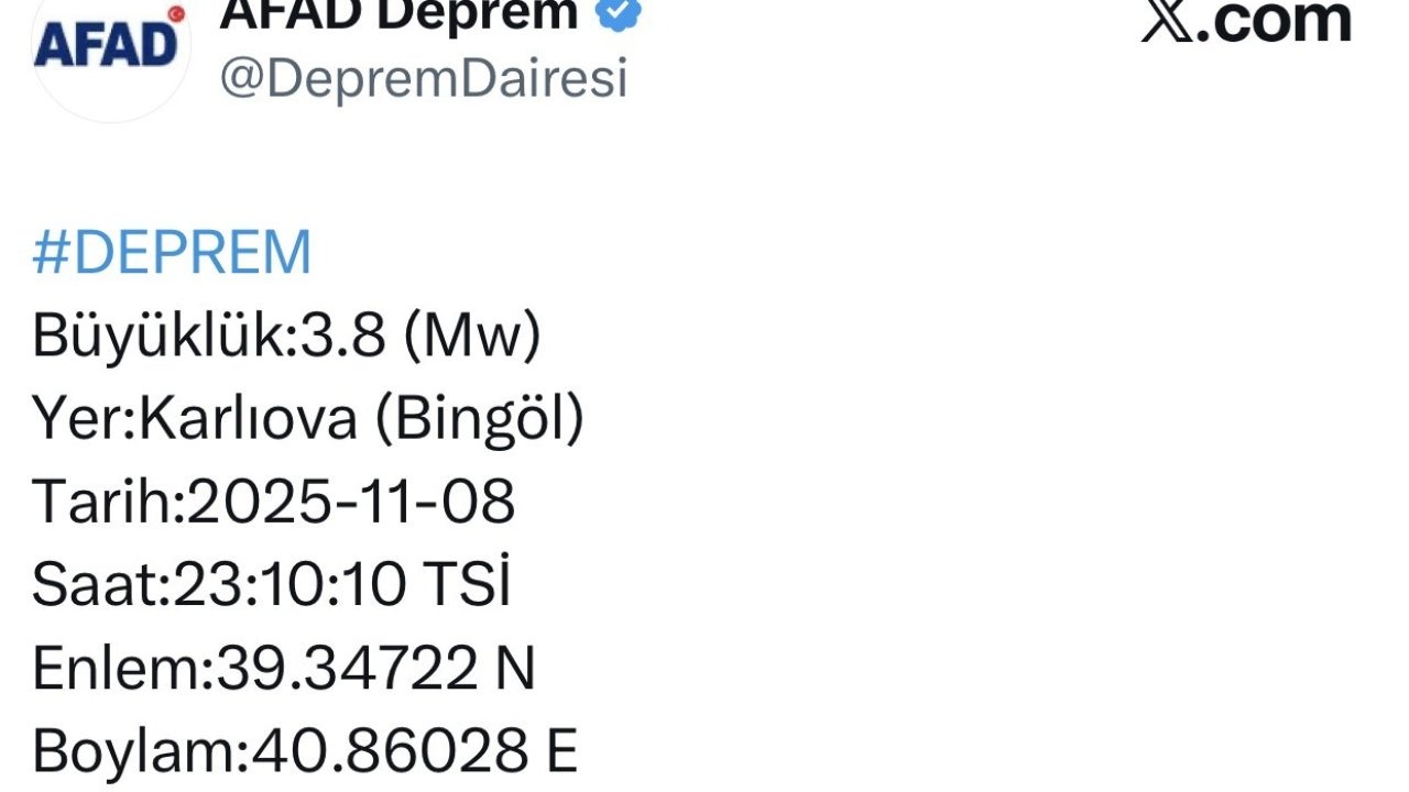 Karlıova&#039;da 3.8 büyüklüğünde deprem