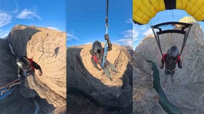 Erzincan'ın Kemaliye ilçesinde bulunan Karanlık Kanyon’da base jump atlayışı nefes kesti