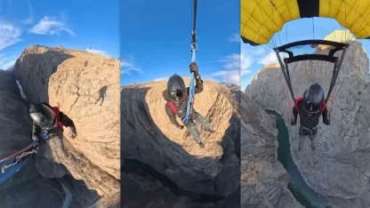 Erzincan'ın Kemaliye ilçesinde bulunan Karanlık Kanyon’da base jump atlayışı nefes kesti