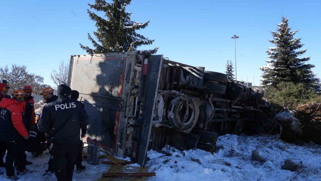 Işıklarda duramayan kamyon devrildi, çarptığı ağacı kökünden söktü