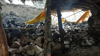 Yoğun yağışlar nedeniyle ahır çöktü