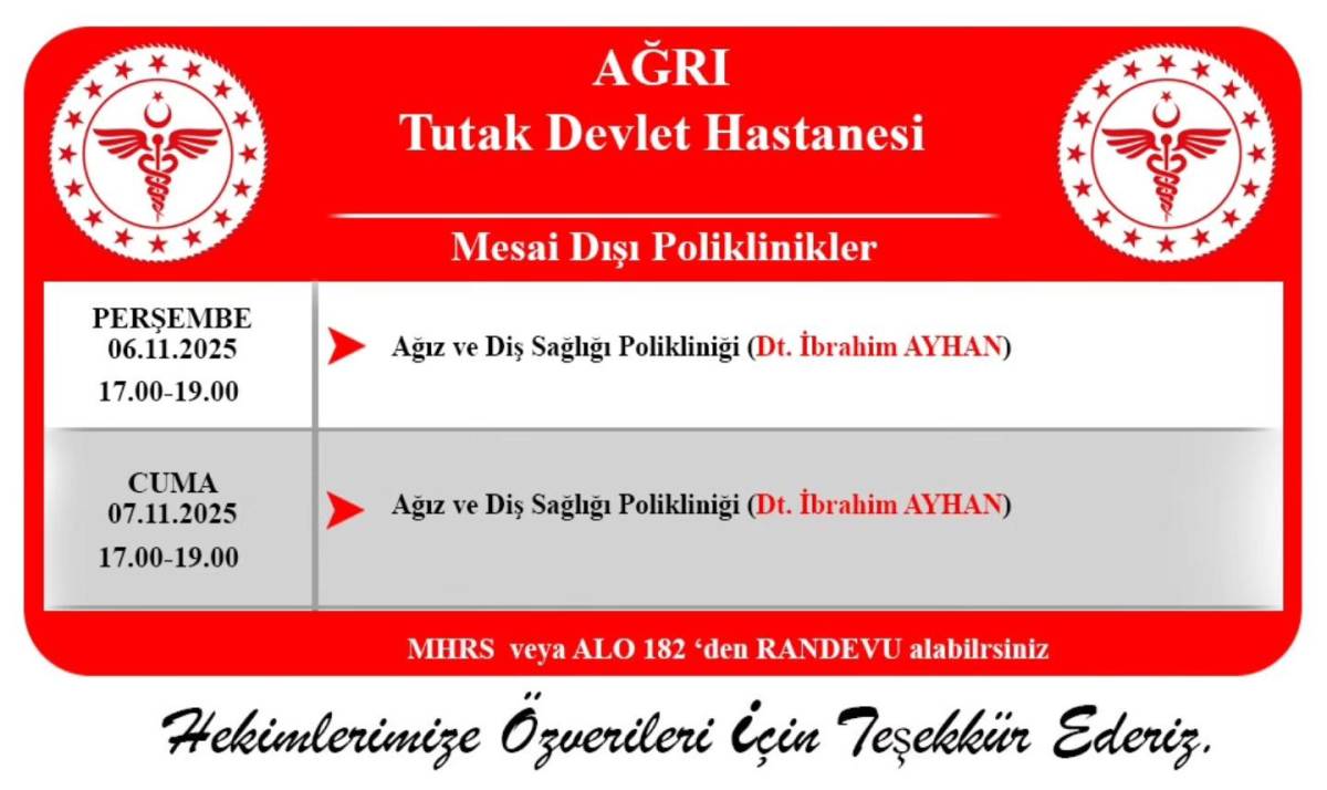 Ağrı İlçe Devlet Hastanesi’nde Mesai Dışı Randevu Açıldı
