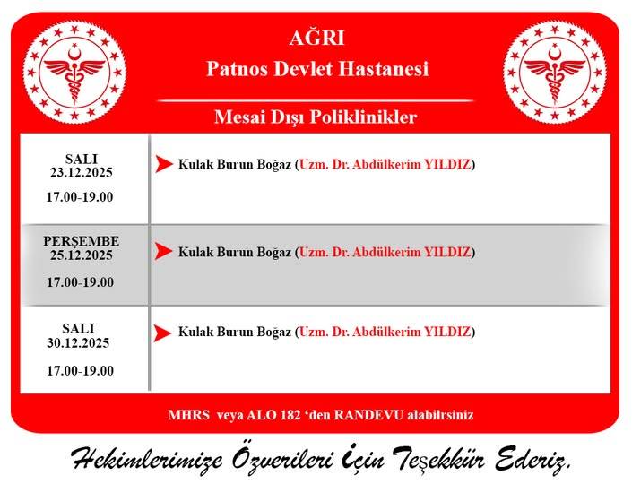 Patnos’ta Polikliniklerde Mesai Dışı Muayene Saatleri Başladı