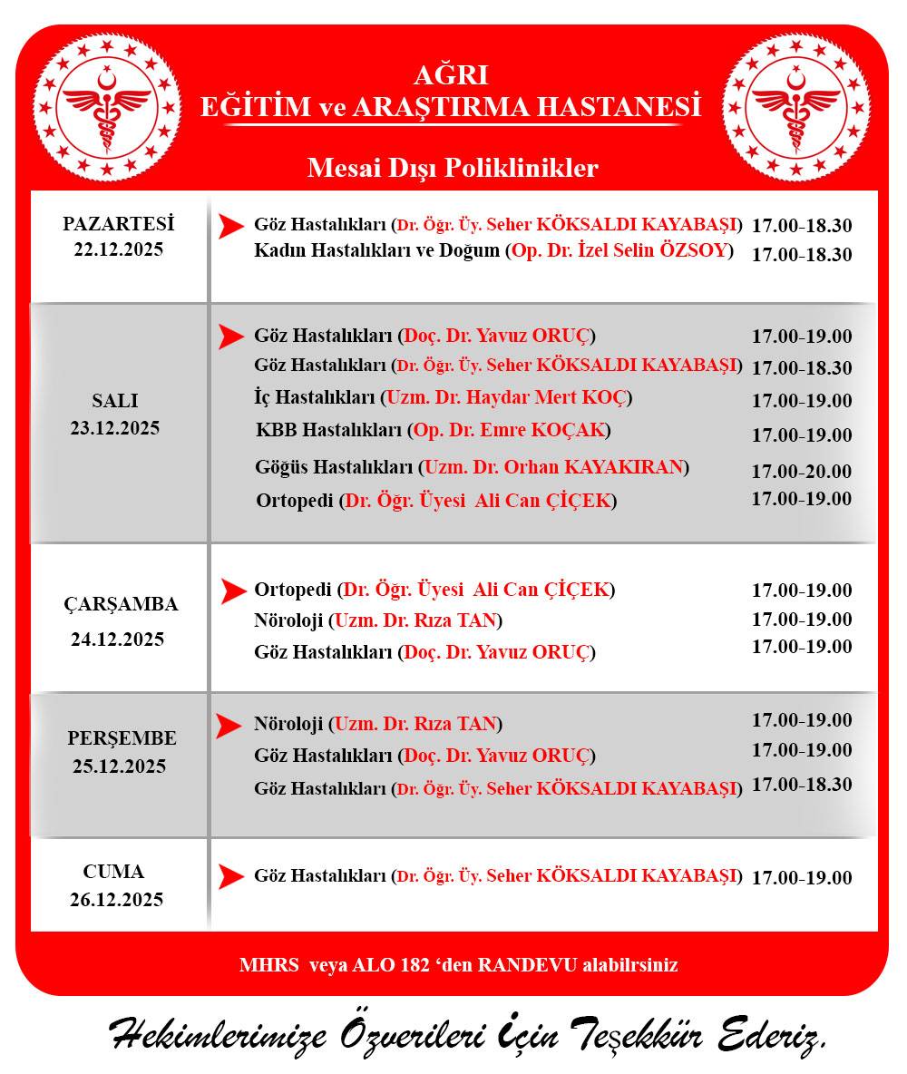 Ağrı Eğitim ve Araştırma Hastanesi’nde Mesai Dışı Poliklinik Hizmeti Başladı